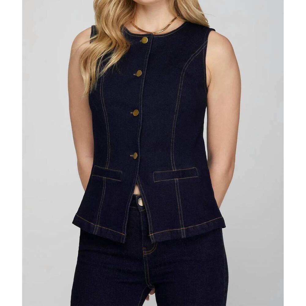 NEW SHE + SKY lucky to be denim vest in dark wash